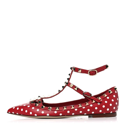 Valentino Garavani Calfskin Polka Dot Print Rockstud Cage Ballerina Flats 37.5 Red White 1 of 11