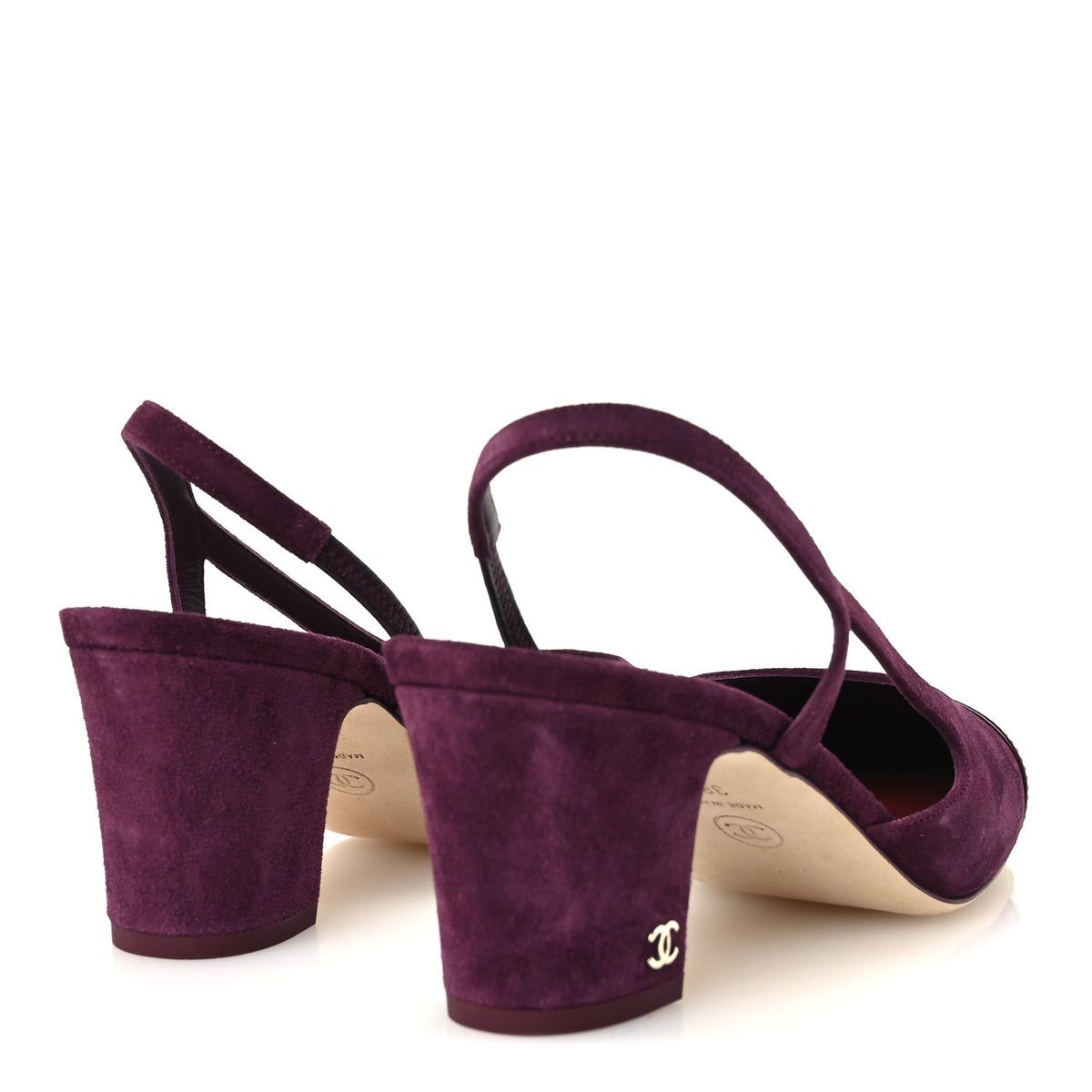 Chanel Suede Patent Cap Toe CC Slingback Pumps 38.5 Burgundy 5 of 10