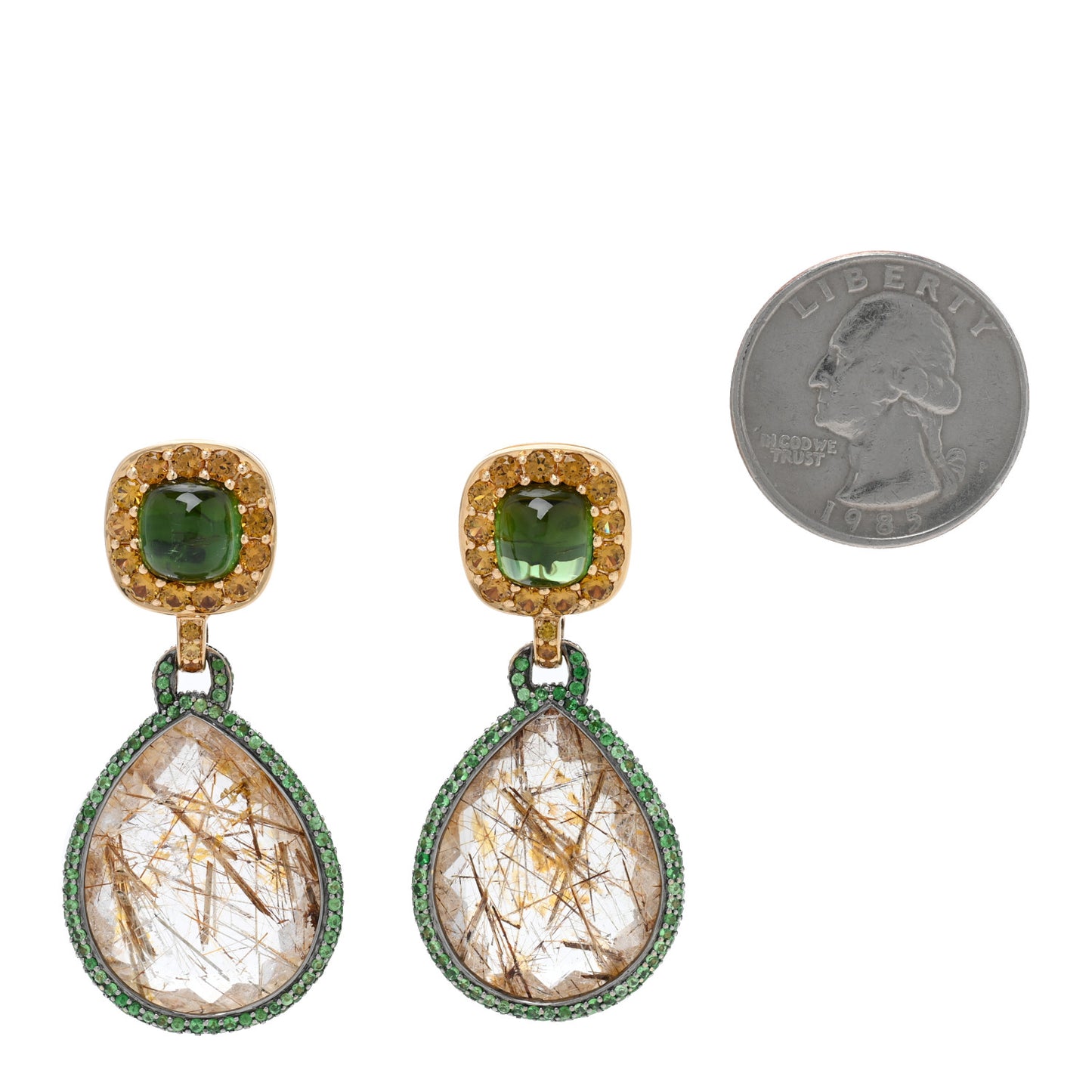 18K Yellow Gold Rutilated Quartz Green Tourmaline Tsavorite Drop Earrings