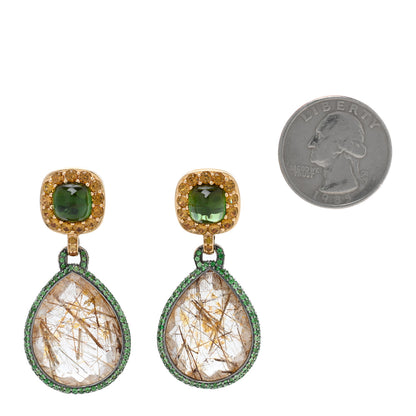 John Hardy 18K Yellow Gold Rutilated Quartz Green Tourmaline Tsavorite Drop Earrings 2 of 6
