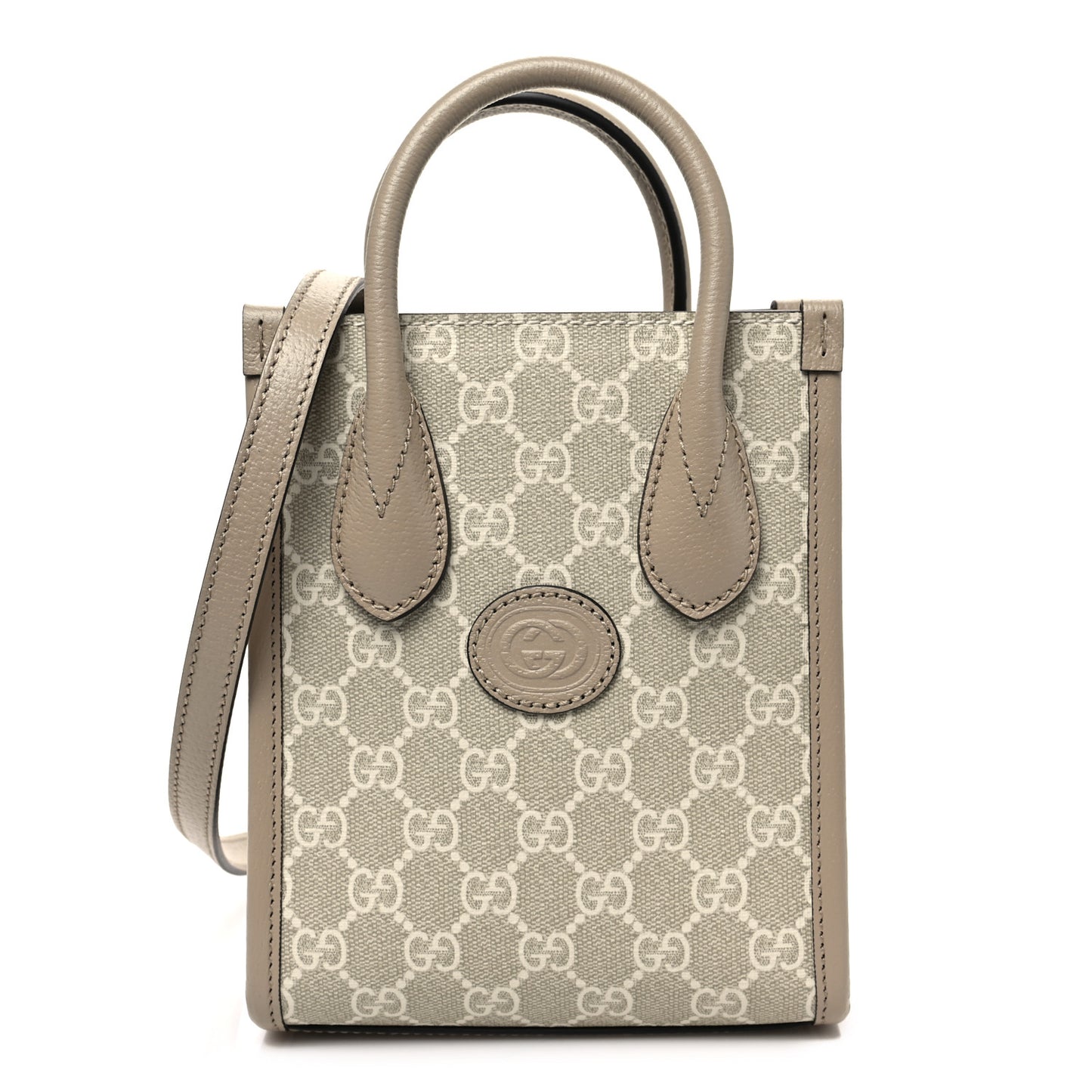GG Supreme Monogram Textured Dollar Calfskin Mini Retro Interlocking G Tote Bag Beige Mystic White Oatmeal