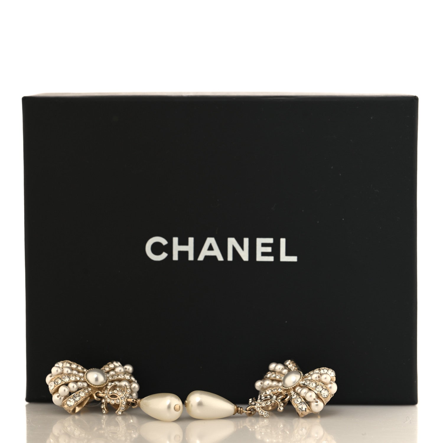 Chanel Crystal Pearl CC Bow Drop Earrings Gold Pearly White 5 of 5