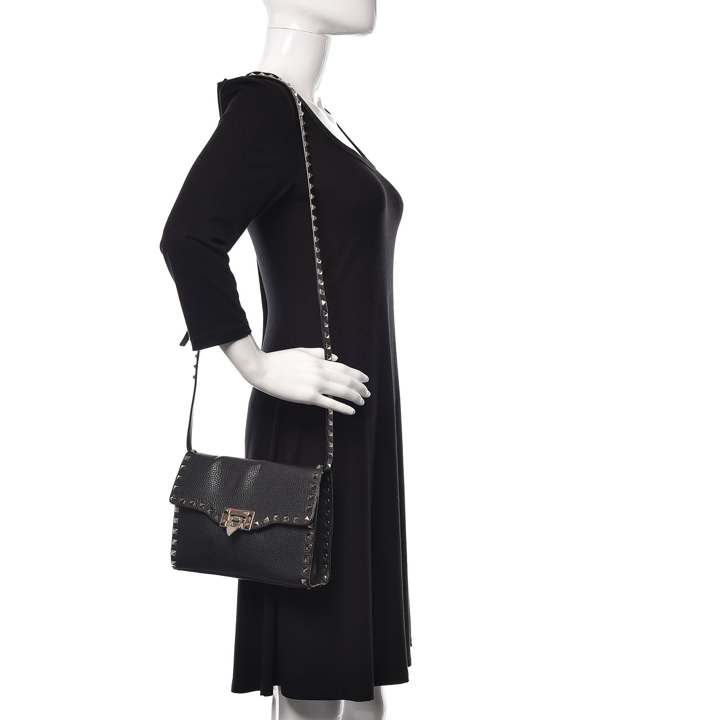 Pebbled Calfskin Medium Rockstud Flip Lock Crossbody Bag Black