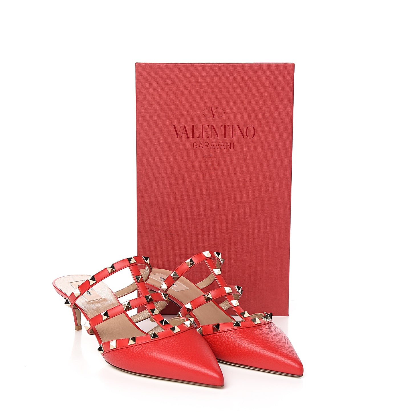 Pebbled Calfskin Rockstud 50mm Cage Mules 40 Red