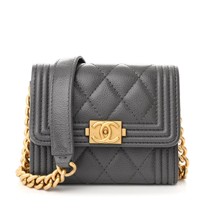 Chanel Caviar Quilted Boy Card Holder On Chain Grey 1 of 12