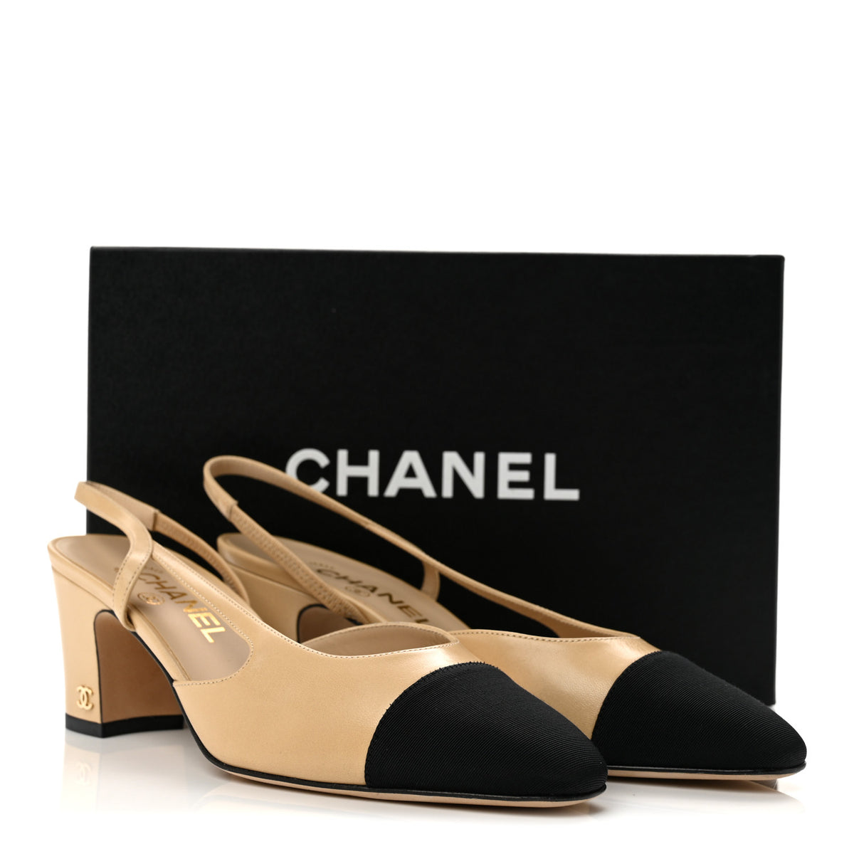 Goatskin Grosgrain Cap Toe CC Slingback Pumps 38 Beige Black