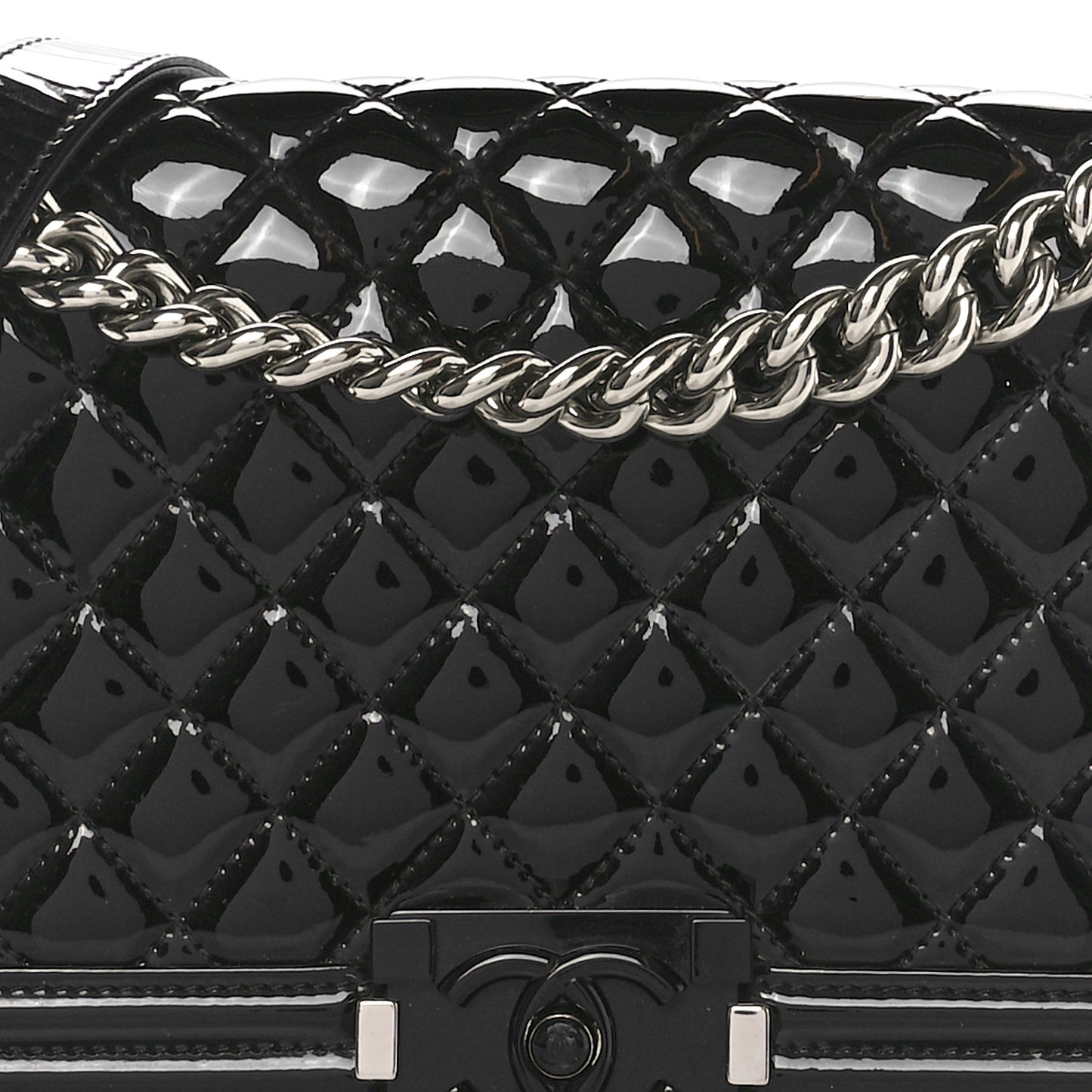 Patent Calfskin Quilted Medium Plexiglass Boy Flap Black