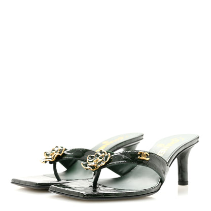 Chanel Crocodile Embossed Patent Calfskin Camelia Thong Sandals 37 Dark Green 4 of 10