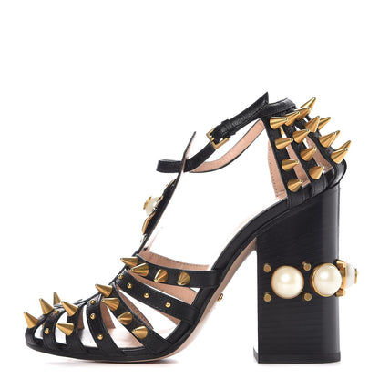 Gucci Kid Leather Studded Kendall Sandals 37 Black Gold 1 of 11