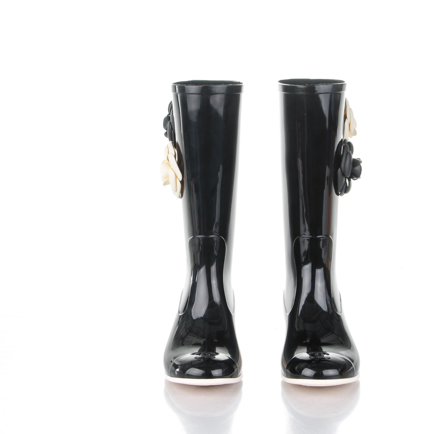 Chanel Rubber Glitter Camellia Rain Boots 36 Black 2 of 9
