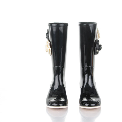 Chanel Rubber Glitter Camellia Rain Boots 36 Black 2 of 9