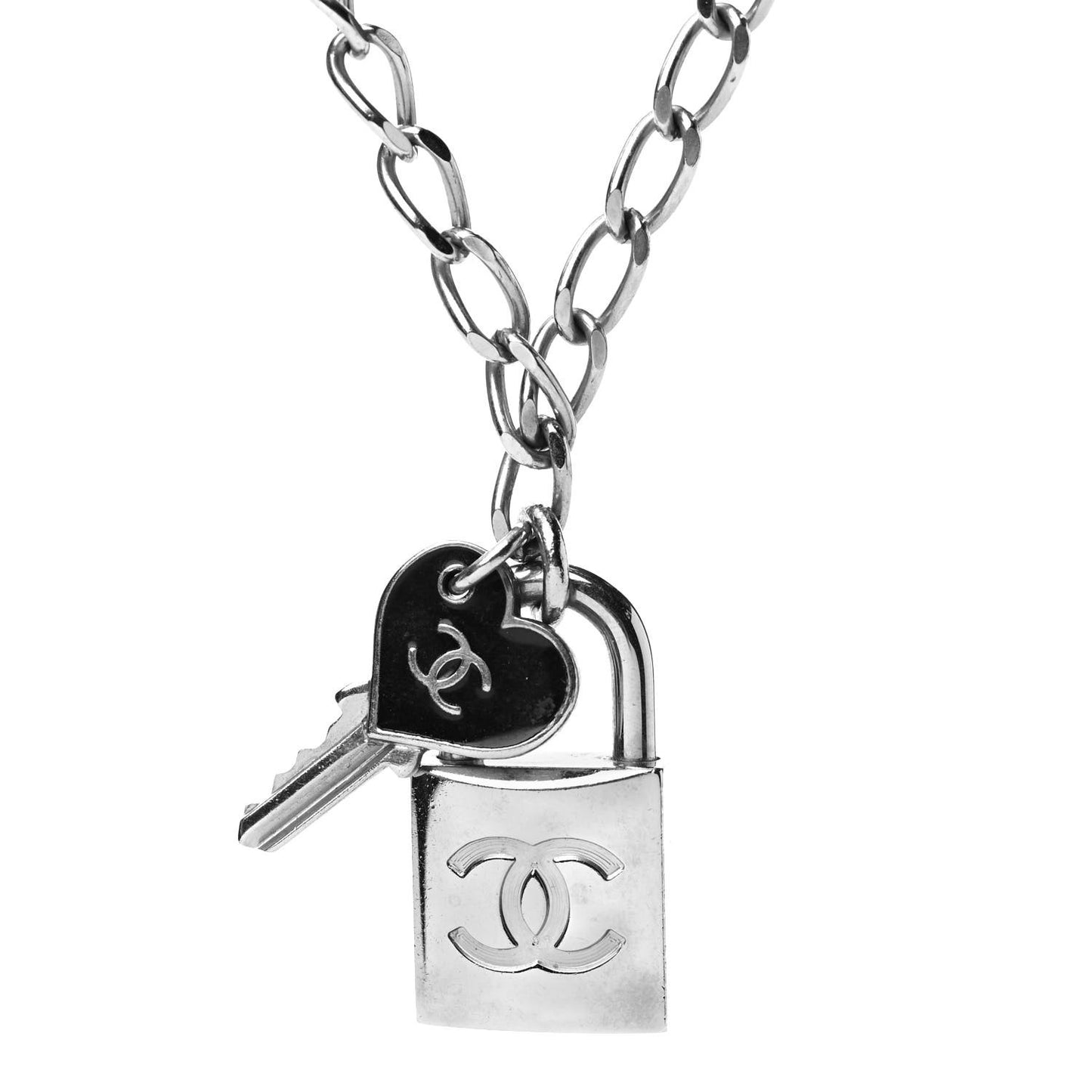 Enamel CC Padlock Heart Key Necklace Black Silver