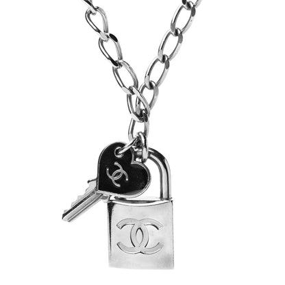 Chanel Enamel CC Padlock Heart Key Necklace Black Silver 3 of 7