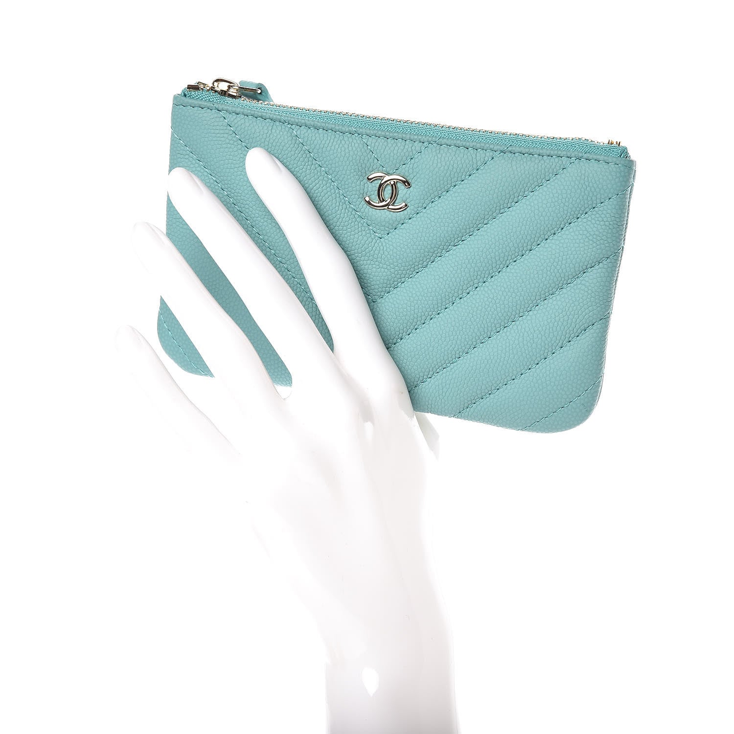 Chanel Caviar Chevron Quilted Small Cosmetic Case Light Blue 2 of 10
