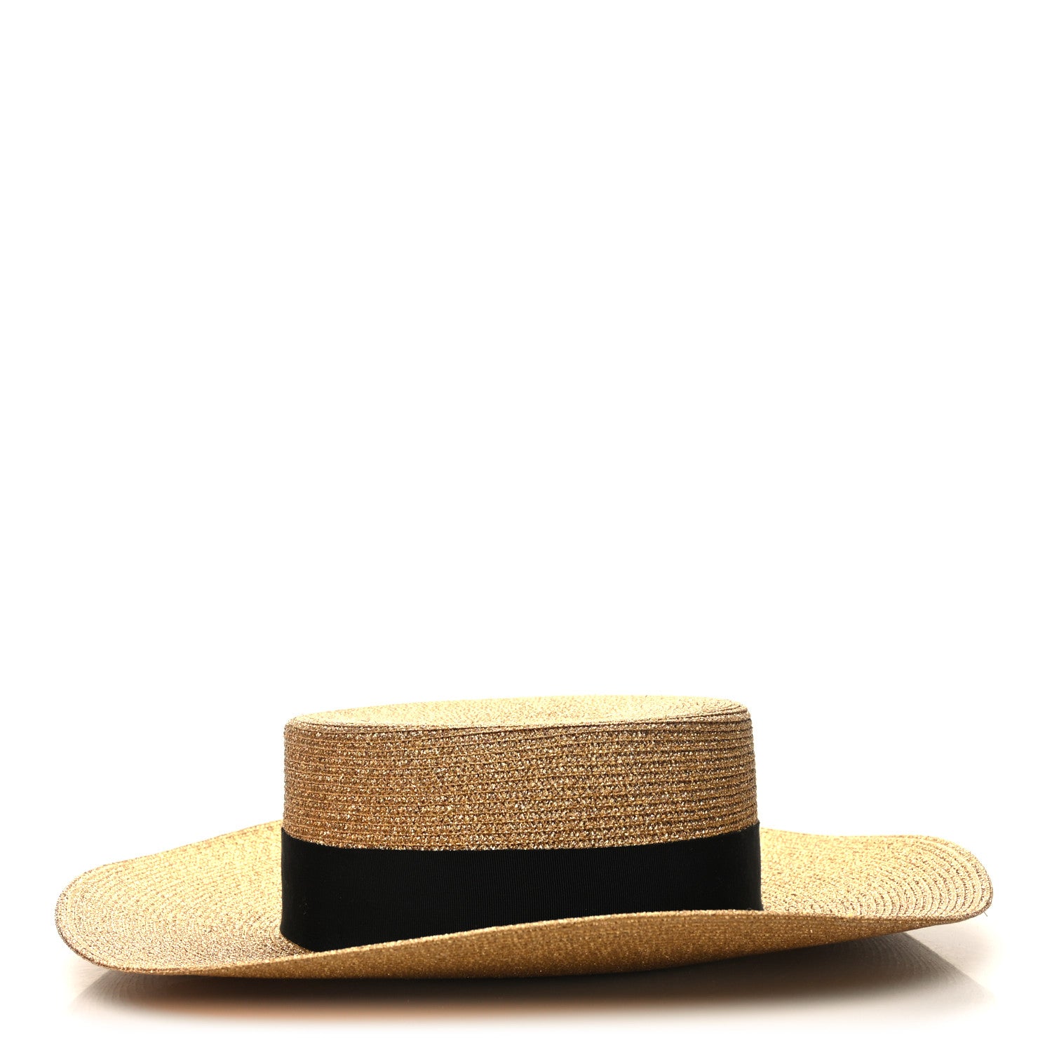 Gucci Glittered Straw Grosgrain Wide Brim Hat S Gold Black 5 of 8