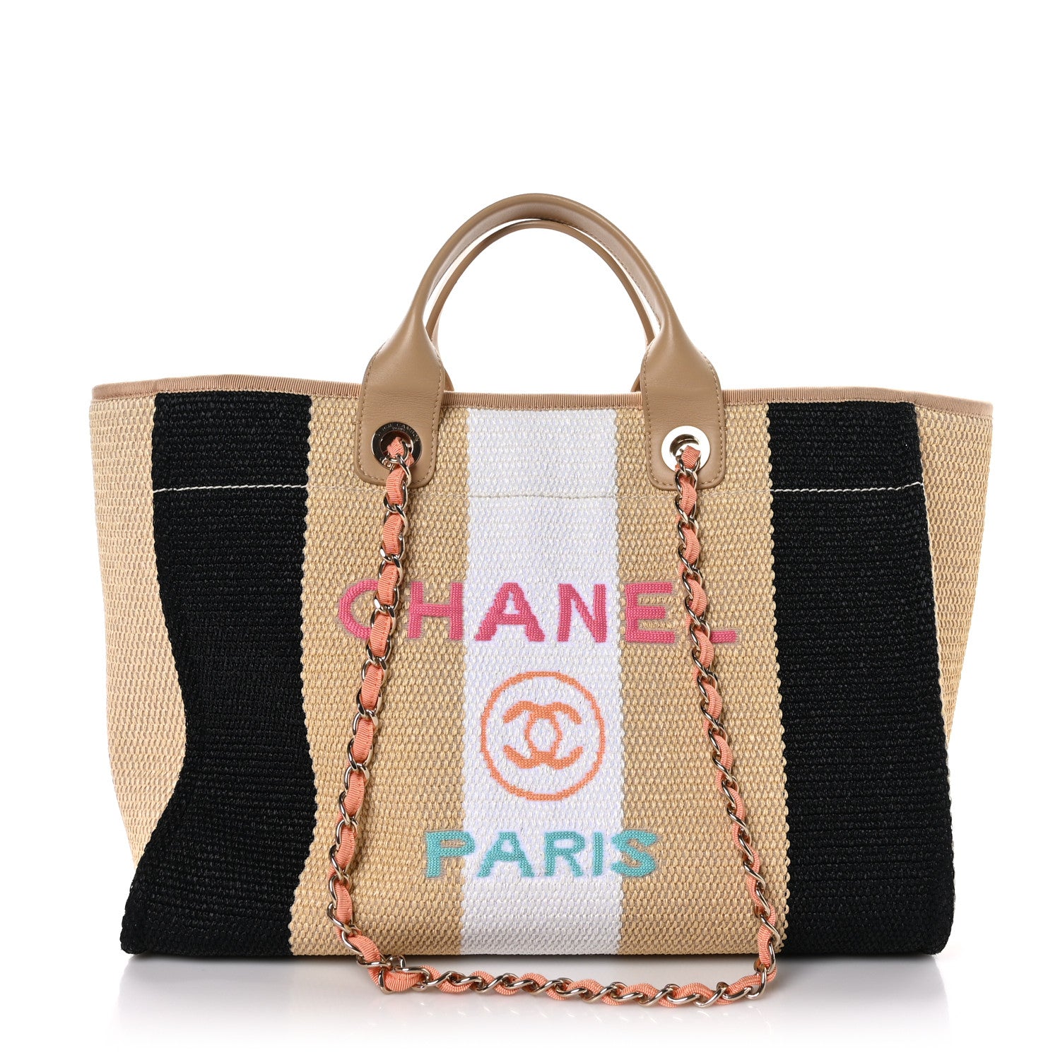 Chanel Straw Raffia Calfskin Striped Medium Deauville Tote Black Beige Ivory 1 of 11
