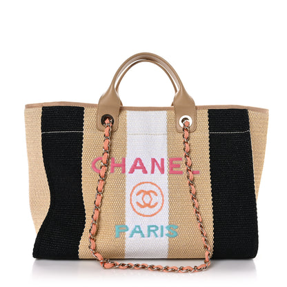 Chanel Straw Raffia Calfskin Striped Medium Deauville Tote Black Beige Ivory 1 of 11