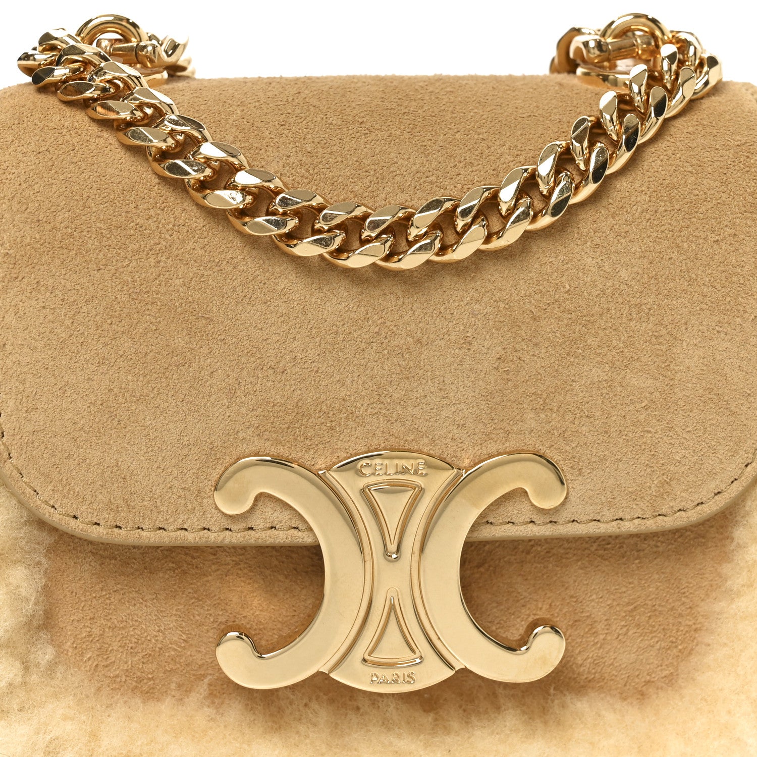 Celine Suede Shearling Triomphe Mini Chain Claude Natural 1855097