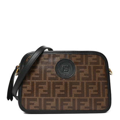 Fendi Glazed Fabric Vitello Century FF 1974 Stamp Patch Camera Case Mogano Panna Black 1 of 10