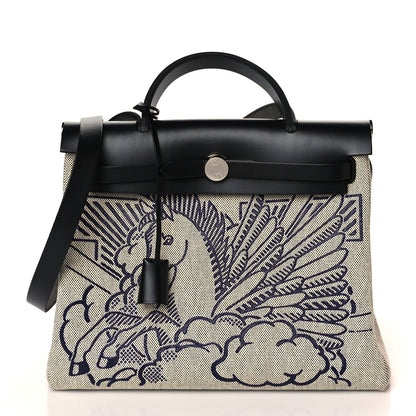 Hermes Vache Hunter Toile H Pegase Pop Herbag Zip Retourne 31 PM Bleu Indigo Ecru Black 3 of 12