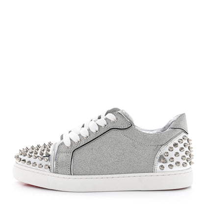 Christian Louboutin Glitter Metallic Calfskin Spikes Vieira 2 Flat Sneakers 37 Silver 1 of 10