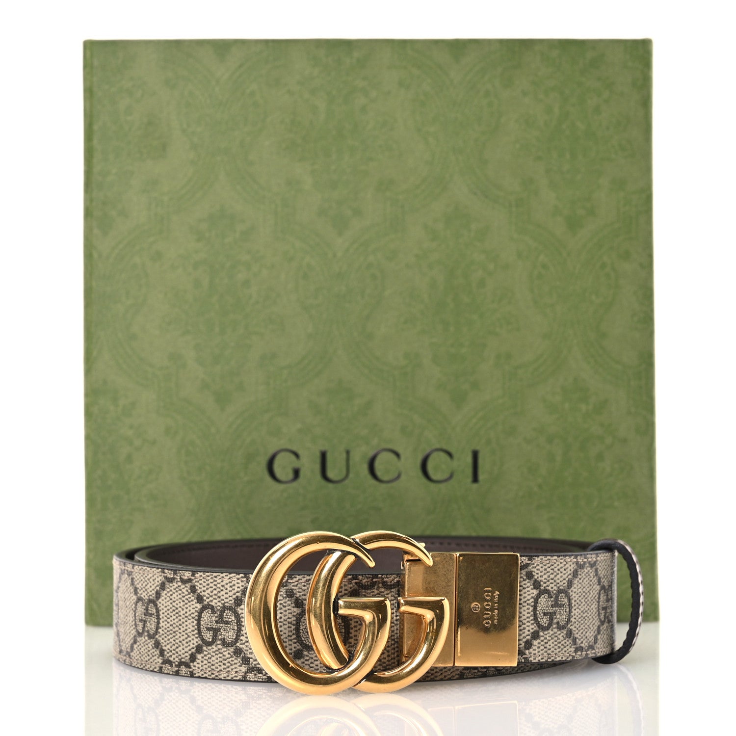 Gucci GG Supreme Monogram Plutone Calfskin Double G Reversible 30mm Belt 85 34 Beige Ebony New Acero 9 of 9