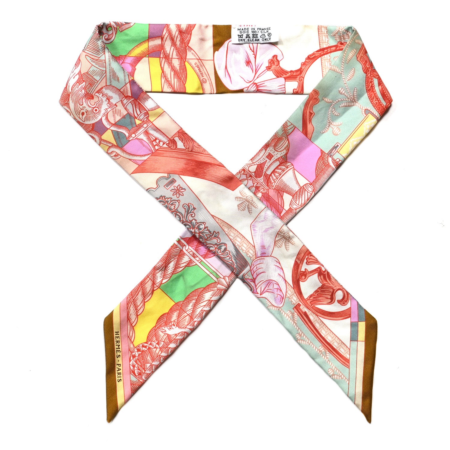 Hermes Silk Cavalleria D'Etriers Twilly Ocre Rose Vif Vert 1 of 6