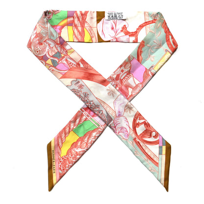 Hermes Silk Cavalleria D'Etriers Twilly Ocre Rose Vif Vert 1 of 6