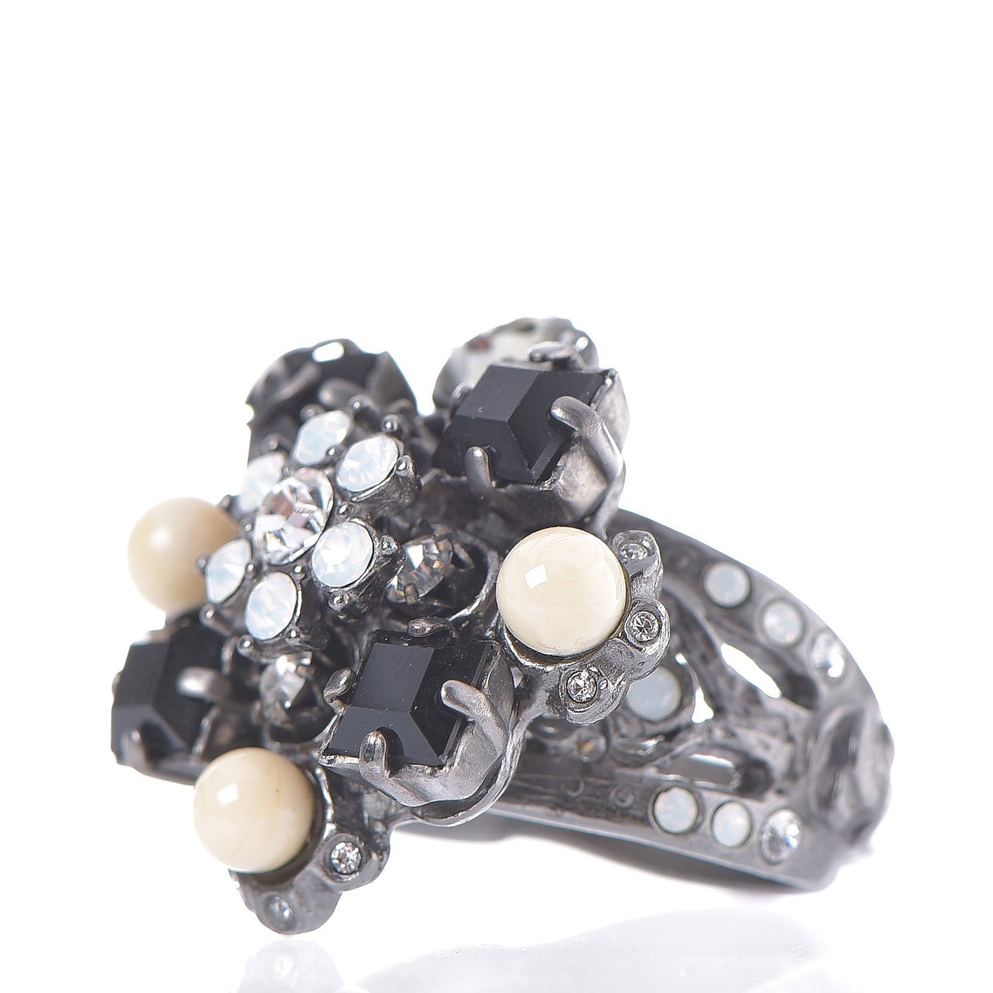 Baguette Crystal Beaded CC Ring Black Silver