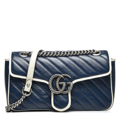 Gucci Vintage Effect Calfskin Matelasse Diagonal Small Torchon GG Marmont Shoulder Bag Blue Agata Mystic White 1 of 10