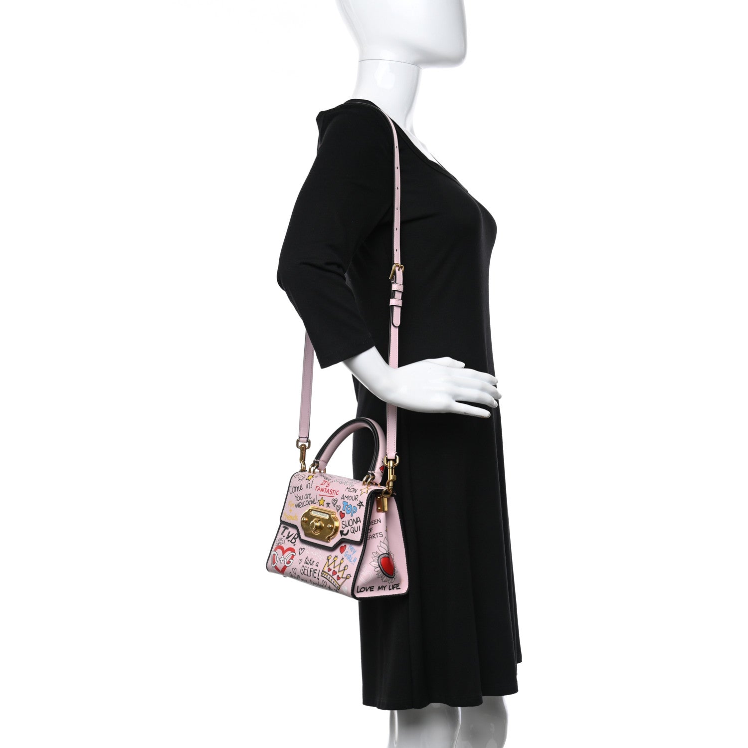 Dolce & Gabbana Calfskin Graffiti Printed Welcome Satchel Pink Black 2 of 8