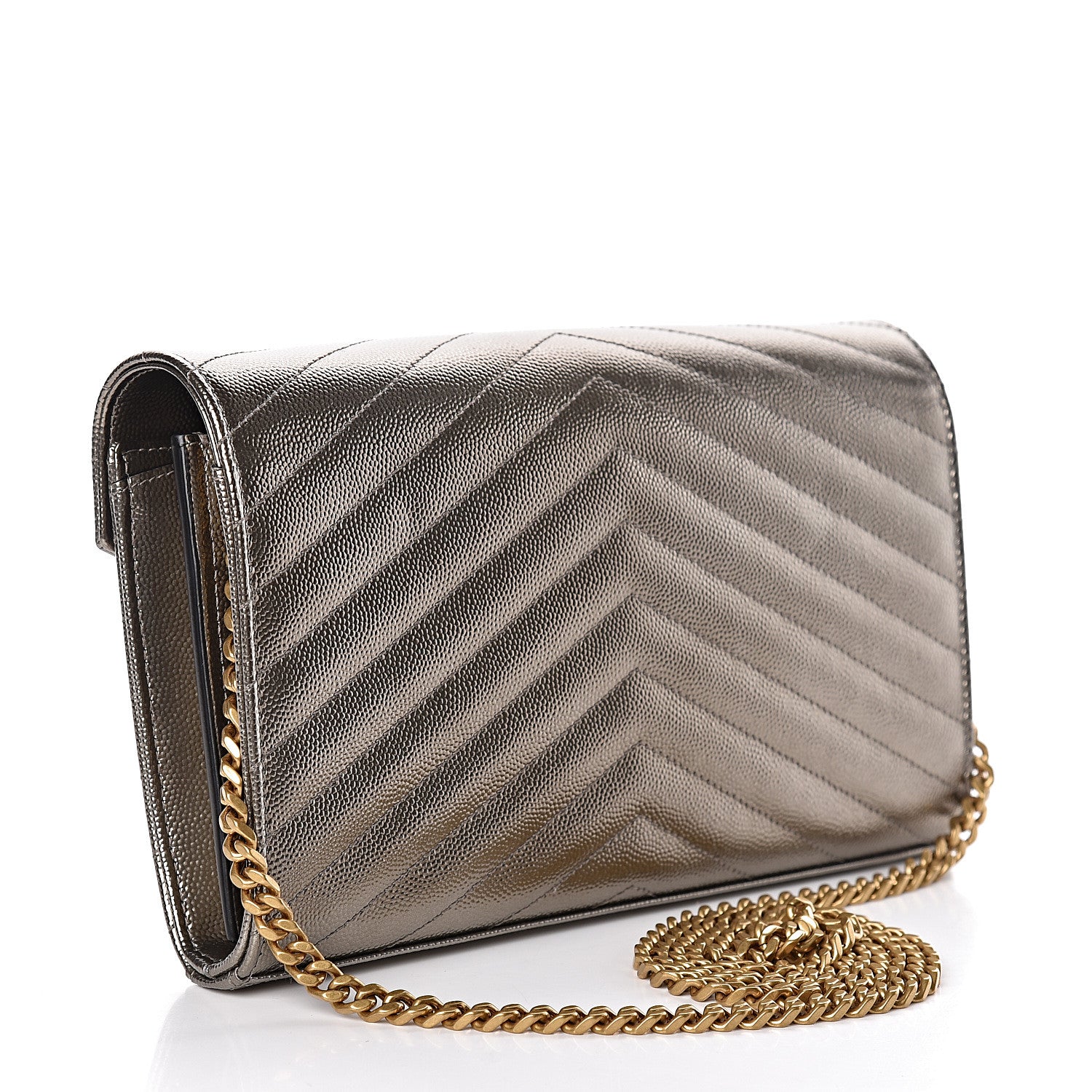 Saint Laurent Iridescent Grain De Poudre Matelasse Chevron Monogram Chain Wallet Gold 3 of 11