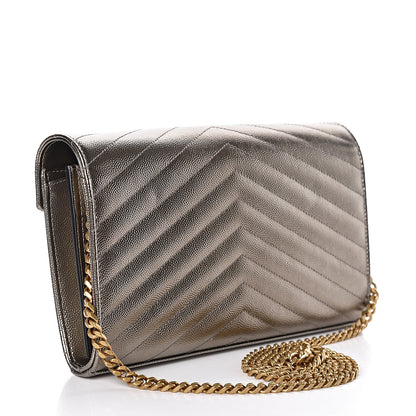 Saint Laurent Iridescent Grain De Poudre Matelasse Chevron Monogram Chain Wallet Gold 3 of 11