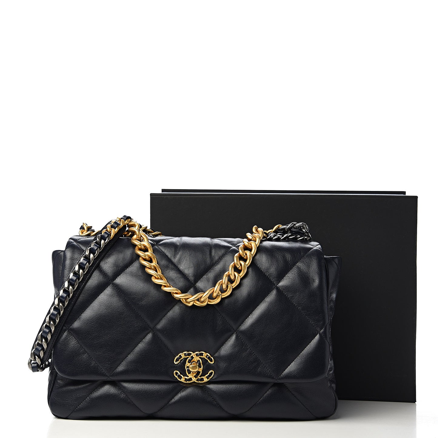 Shiny Goatskin Quilted Maxi 19 Flap Navy Blue