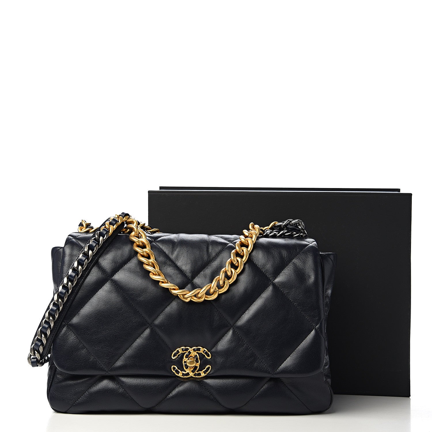 Chanel Shiny Goatskin Quilted Maxi 19 Flap Navy Blue 10 of 11