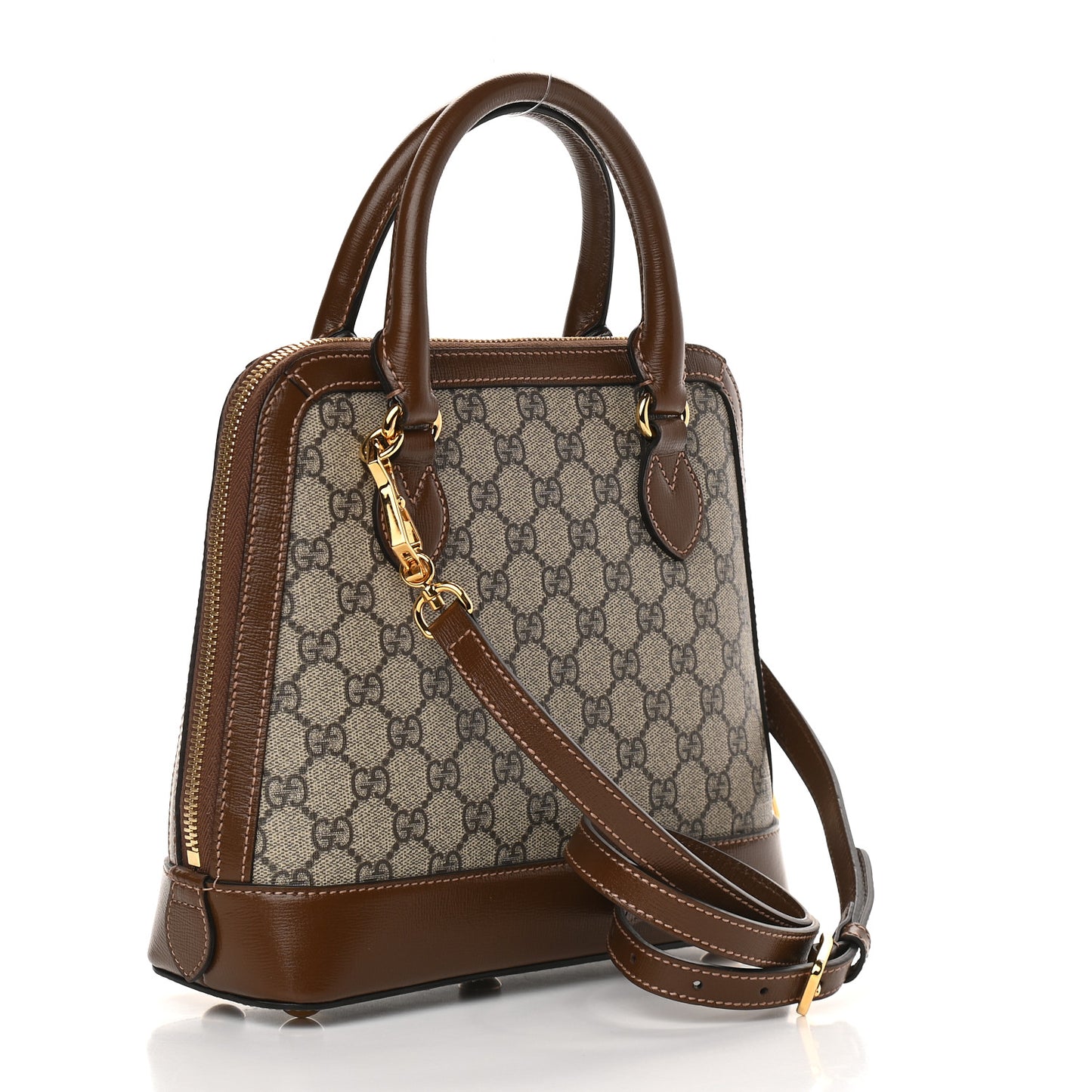 GG Supreme Monogram Azalea Calfskin Small Horsebit 1955 Top Handle Bag Beige Ebony Brown Sugar