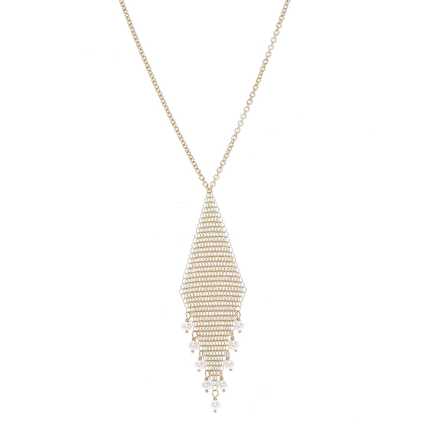 18K Yellow Gold Pearl Elsa Peretti Mesh Fringe Pendant Necklace