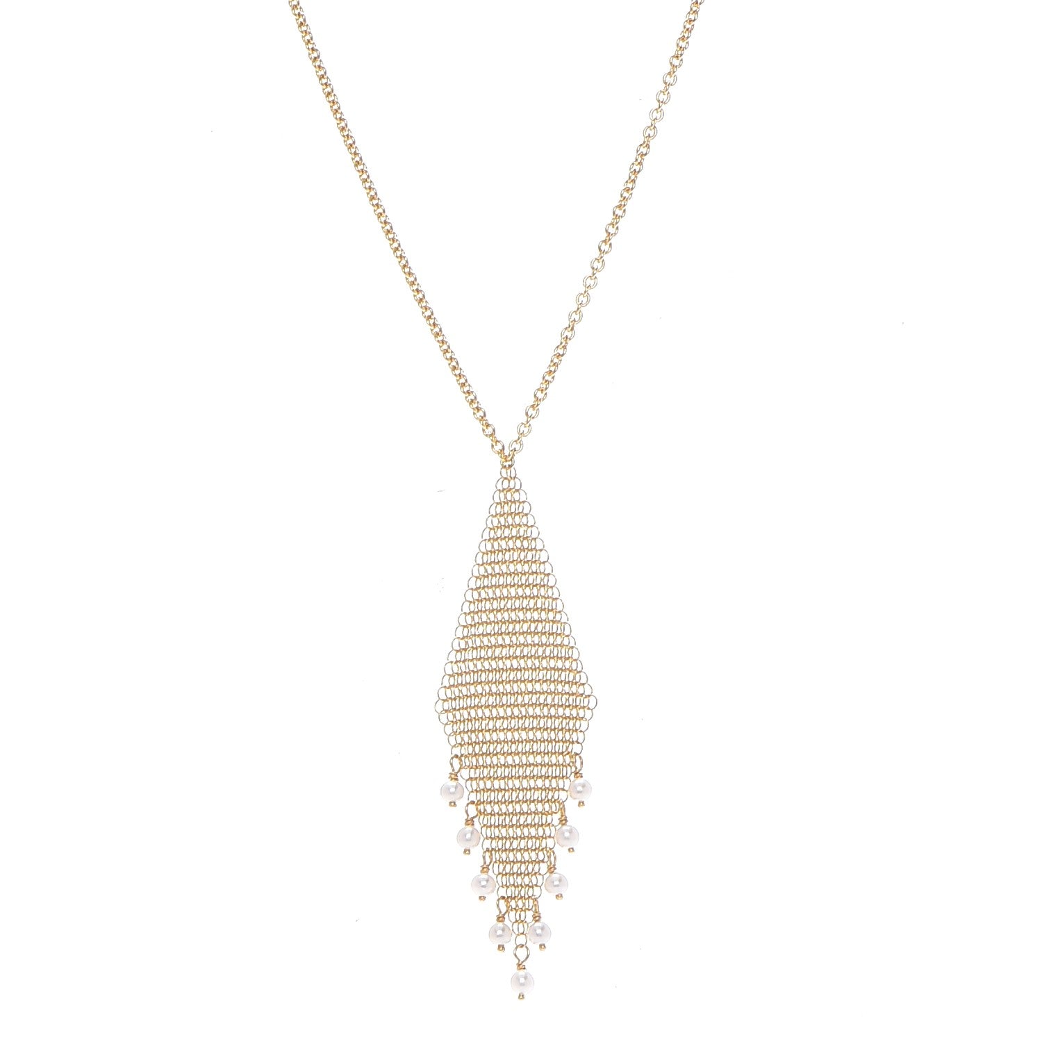 Tiffany 18K Yellow Gold Pearl Elsa Peretti Mesh Fringe Pendant Necklace 1 of 9