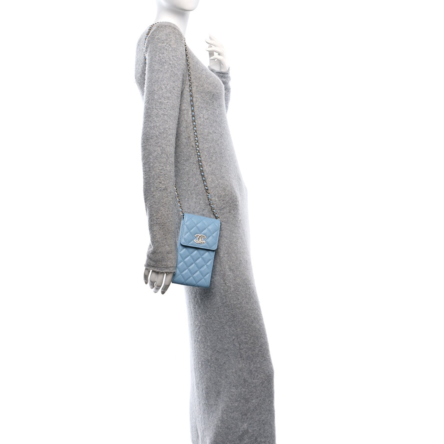 Chanel Caviar Quilted Crystal CC Phone Case With Chain Light Blue 2 of 10