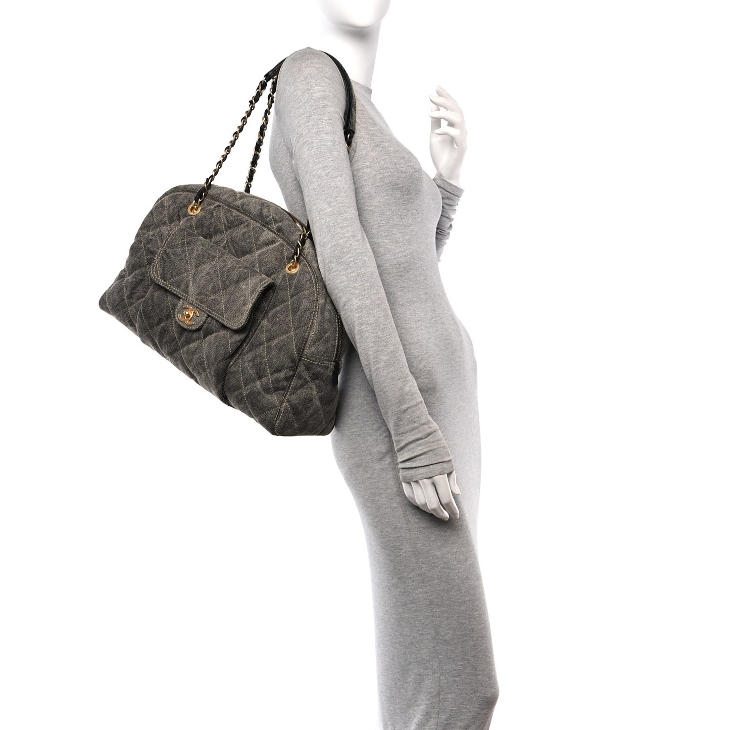 Washed Denim Quilted Bowling Bag Light Grey