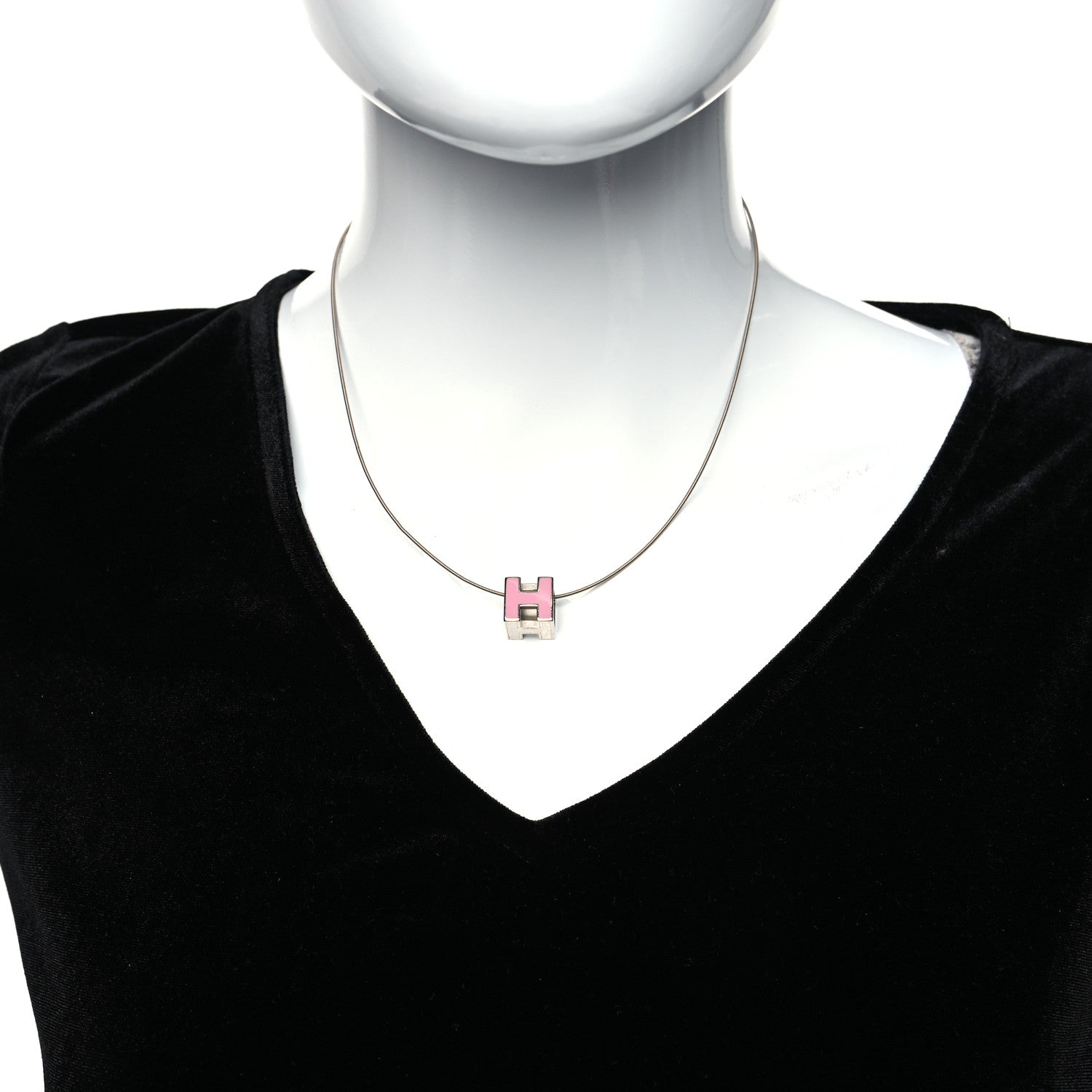 Hermes Palladium Lacquered Cage d'H Pendant Necklace Rose Dragee 2 of 5