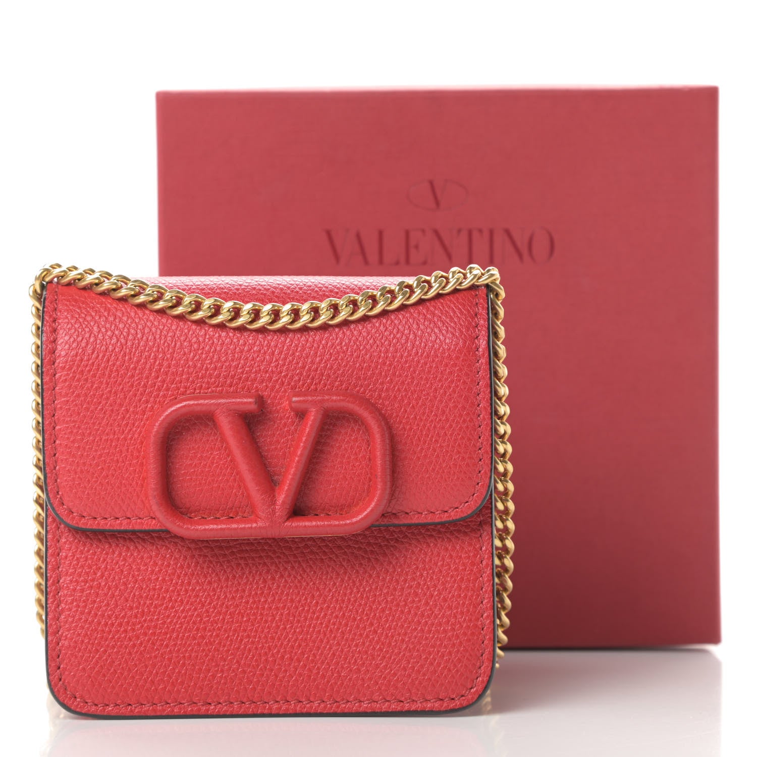 Valentino Garavani Grainy Calfskin Vlogo Compact Wallet with Chain Rouge Pur 10 of 10