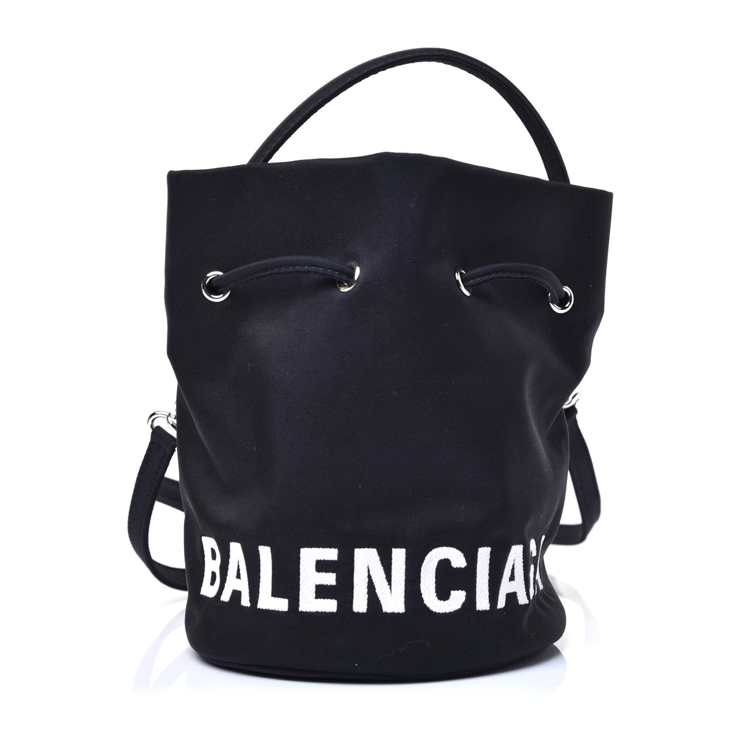 Recycled Sport Nylon Logo Embroidered Wheel Drawstring Bucket Bag XS Black