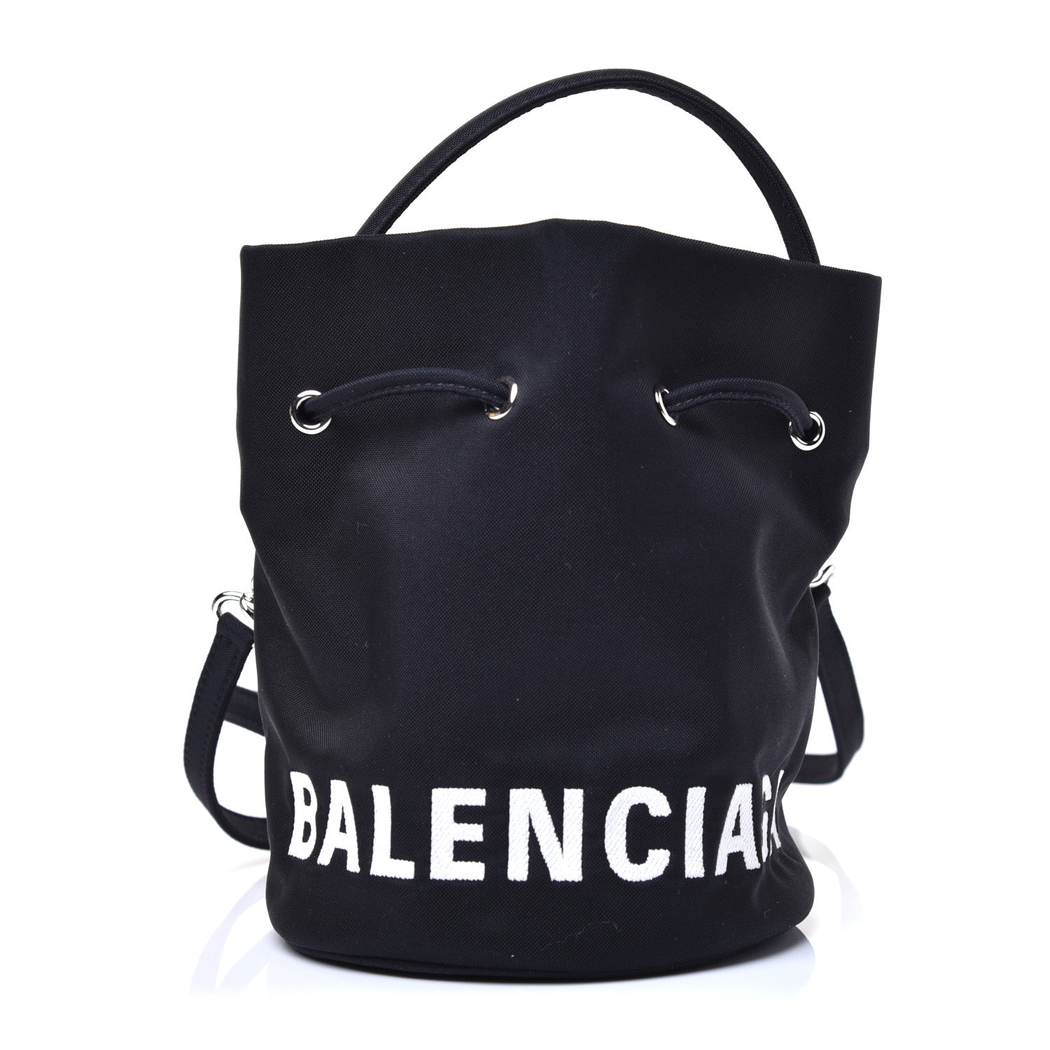 Balenciaga Recycled Sport Nylon Logo Embroidered Wheel Drawstring Bucket Bag XS Black 1 of 11