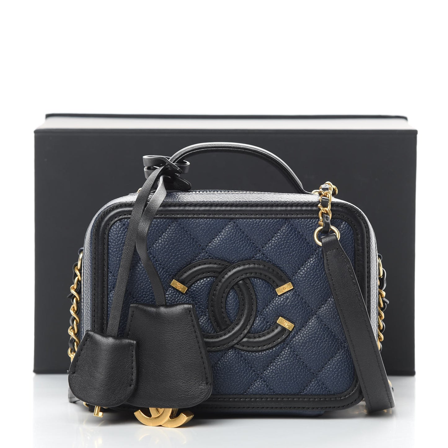 Caviar Quilted Small CC Filigree Vanity Case Navy Black