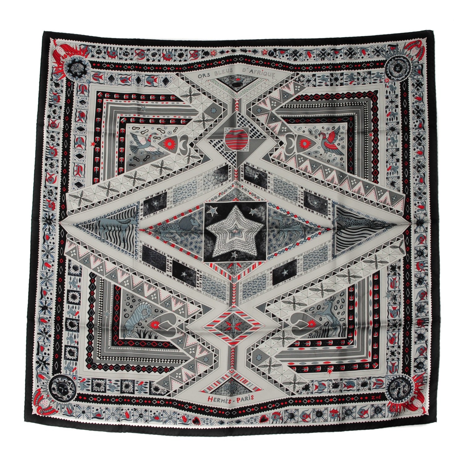 Hermes Silk Ors Blues d'Afrique Scarf 90 Noir Gris Rouge 2 of 8