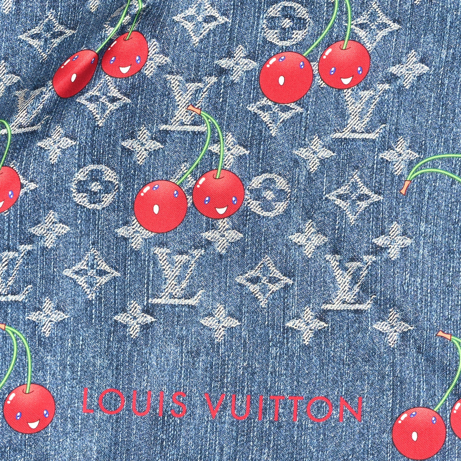 Louis Vuitton LV X TM Silk Monogram Cerises Square Scarf 90 Denim Blue 2 of 3
