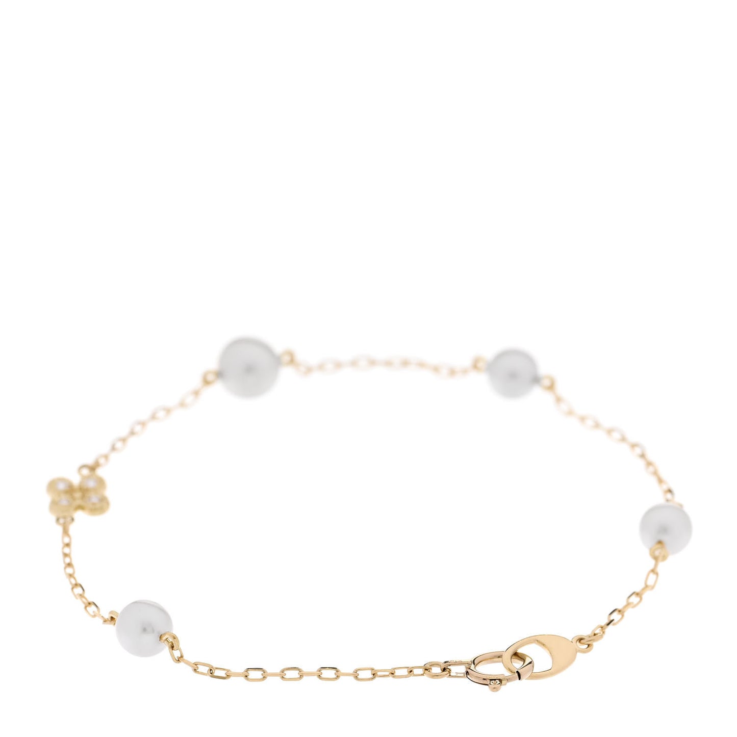 18K Yellow Gold Diamond Akoya Cultured Pearl 4.5-5mm Clover Charm Bracelet
