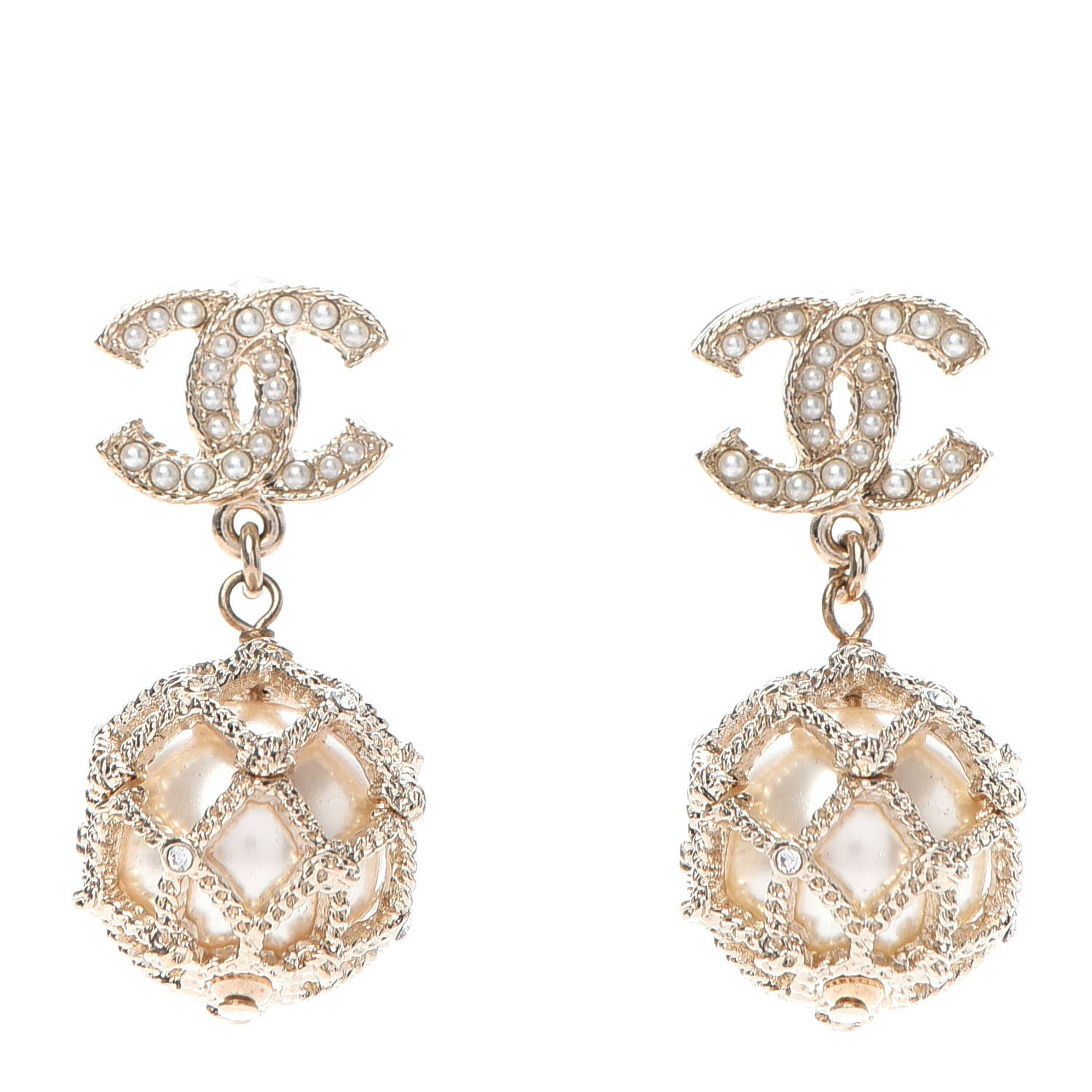 Chanel Crystal Pearl CC Drop Earrings Gold 1 of 5