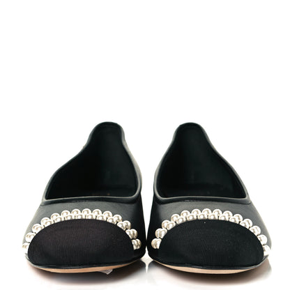Chanel Lambskin Grosgrain Pearl Cap Toe Ballerina Flats 37 Black 3 of 10